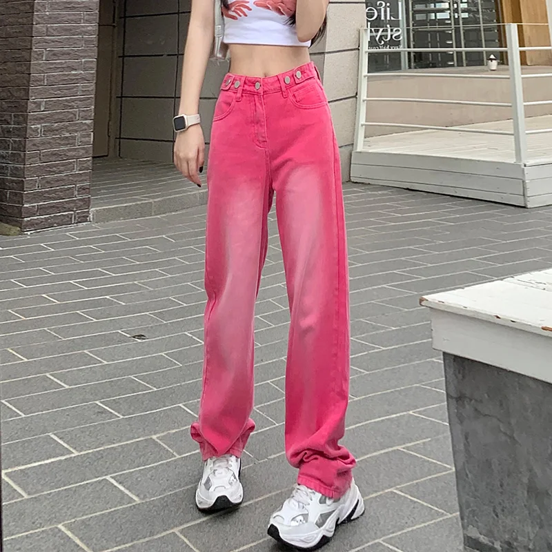 Oversized Woman's Wide Leg Jeans Spring Fashion Baggy Straight High Waist Denim Pants Korean Y2K Streetwear Pink Purple Green