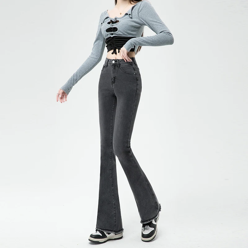 Autumn New Women's High Waist Flared Jeans Skinny Elastic Cotton Korean Fashion Casual Denim Pants Vintage Design Slim Clothing