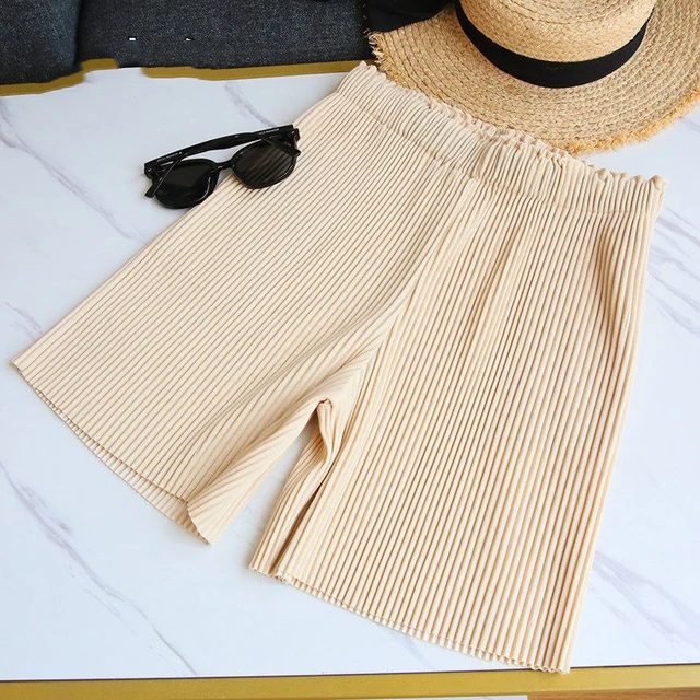 Pleated Shorts Women High Waist Wide Leg Casual Shorts Summer Korean Ladies Ice Silk Fashion Loose All Match Five-Point Pants