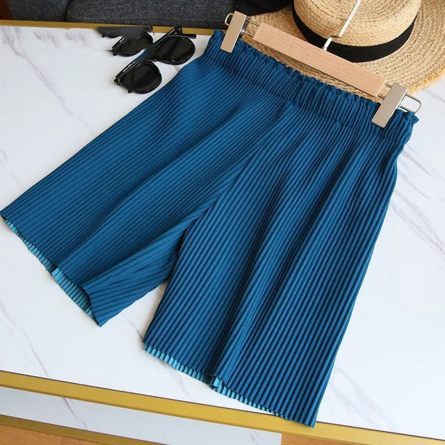 Pleated Shorts Women High Waist Wide Leg Casual Shorts Summer Korean Ladies Ice Silk Fashion Loose All Match Five-Point Pants