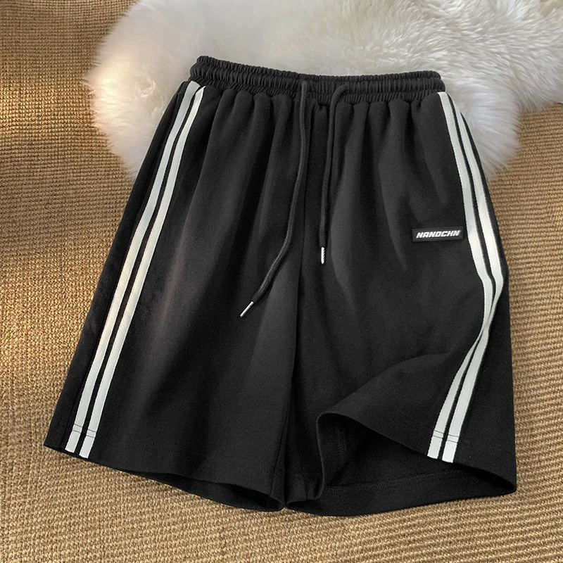 Striped Shorts Women Streetwear Wide Leg Sweat Shorts Summer Korean Loose Casual Elastic Waist Oversized Sports Shorts Bf Couple