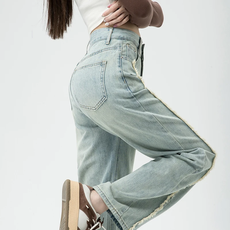 Autumn Women's Wide-leg Jeans Retro Style High Waist Loose Straight Denim Cotton Pants Korean Fashion Female Streetwear