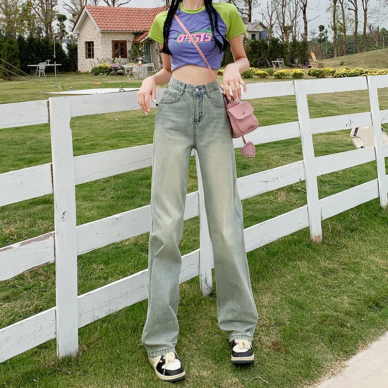 Women's Wide Leg Jeans Autumn Multi Button High Waist Loose Straight Denim Pants Black Blue Fashion Street Elasticity Trousers