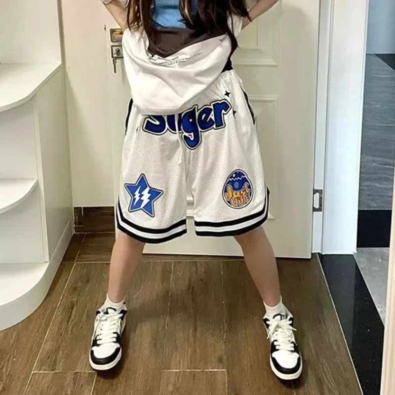 Streetwear Sport Shorts Women Y2K Letter Print Oversized Sweat Shorts Bf Students Loose Casual Drawstring Basketball Short Pants