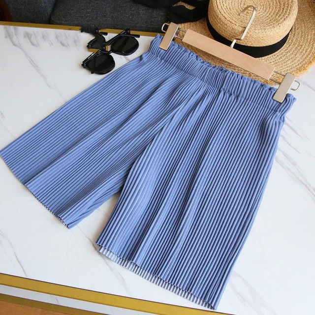 Pleated Shorts Women High Waist Wide Leg Casual Shorts Summer Korean Ladies Ice Silk Fashion Loose All Match Five-Point Pants