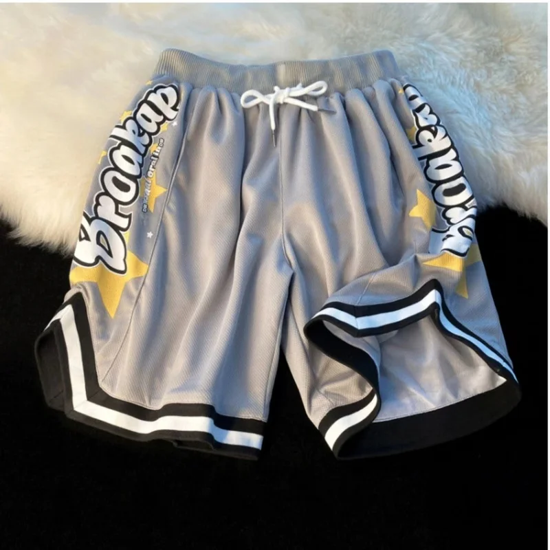 Streetwear Shorts Women Letter Print Basketball Sports Shorts Bf Summer Y2K Harajuku Breathable Mesh Elastic Waist Short Pants