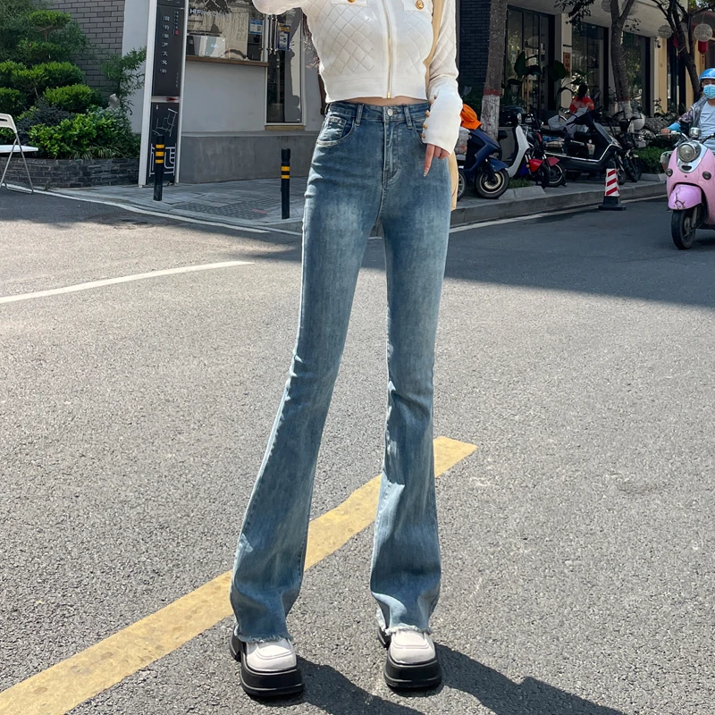 Elastic Skinny Flare Jeans Women's Autumn New Vintage Blue High Waist Fray Fashion Slim Denim Trousers Female Casual Pants