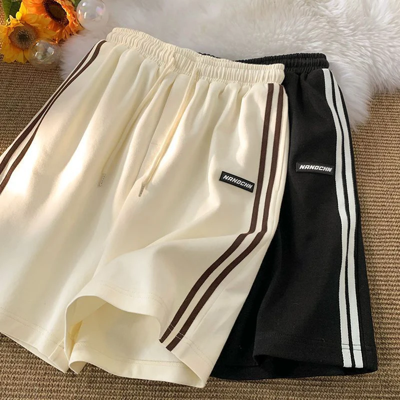 Striped Shorts Women Streetwear Wide Leg Sweat Shorts Summer Korean Loose Casual Elastic Waist Oversized Sports Shorts Bf Couple
