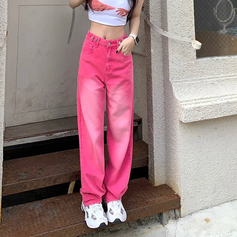 Oversized Woman's Wide Leg Jeans Spring Fashion Baggy Straight High Waist Denim Pants Korean Y2K Streetwear Pink Purple Green