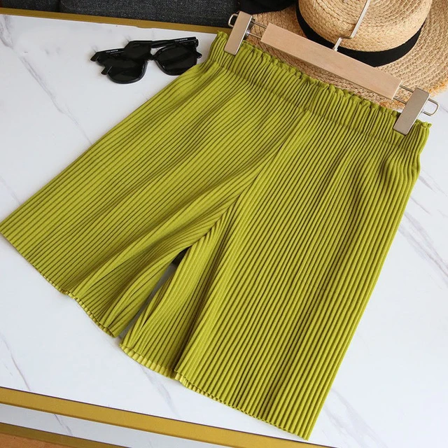 Pleated Shorts Women High Waist Wide Leg Casual Shorts Summer Korean Ladies Ice Silk Fashion Loose All Match Five-Point Pants