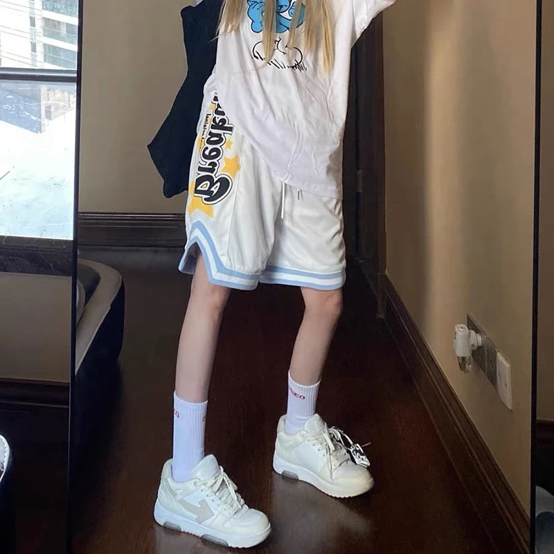 Streetwear Shorts Women Letter Print Basketball Sports Shorts Bf Summer Y2K Harajuku Breathable Mesh Elastic Waist Short Pants