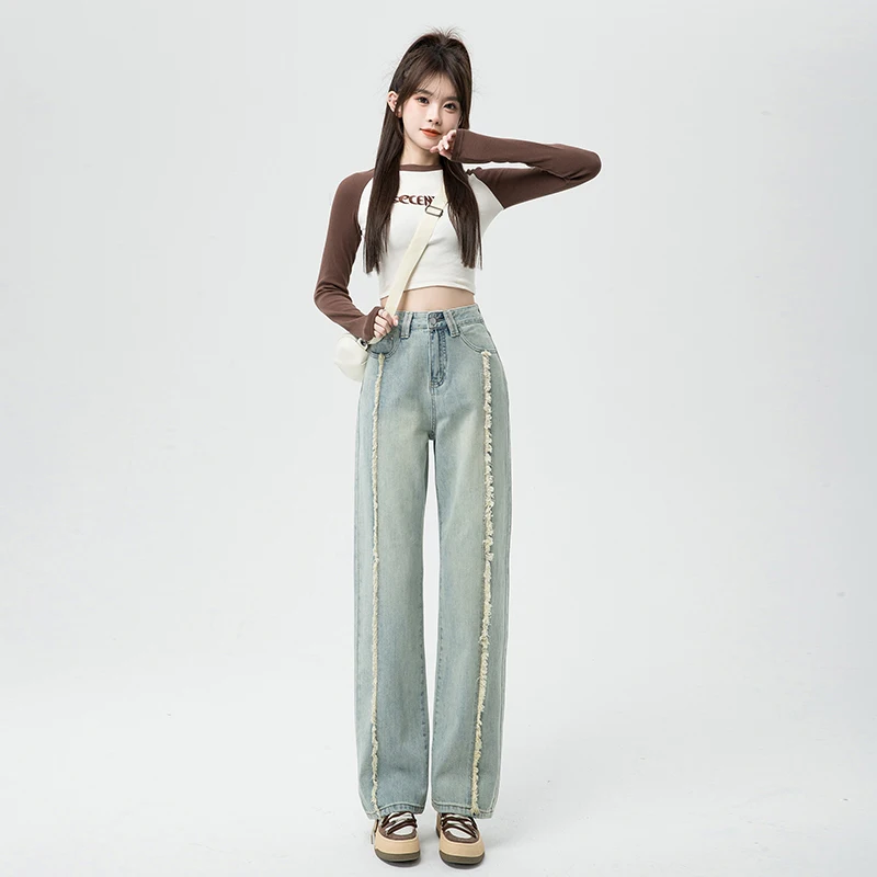 Autumn Women's Wide-leg Jeans Retro Style High Waist Loose Straight Denim Cotton Pants Korean Fashion Female Streetwear