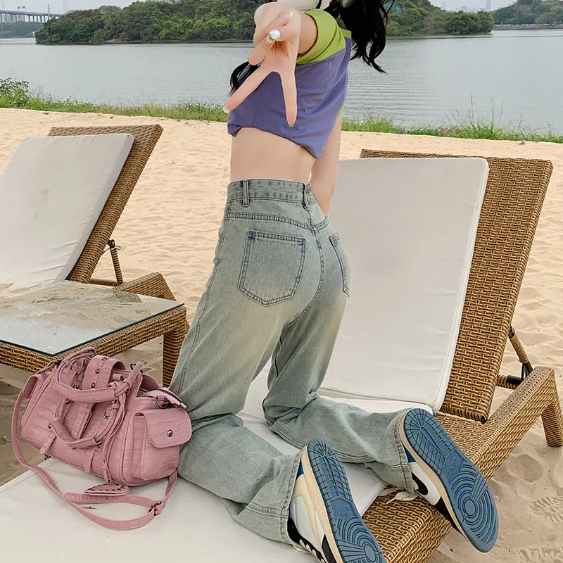 Women's Wide Leg Jeans Autumn Multi Button High Waist Loose Straight Denim Pants Black Blue Fashion Street Elasticity Trousers