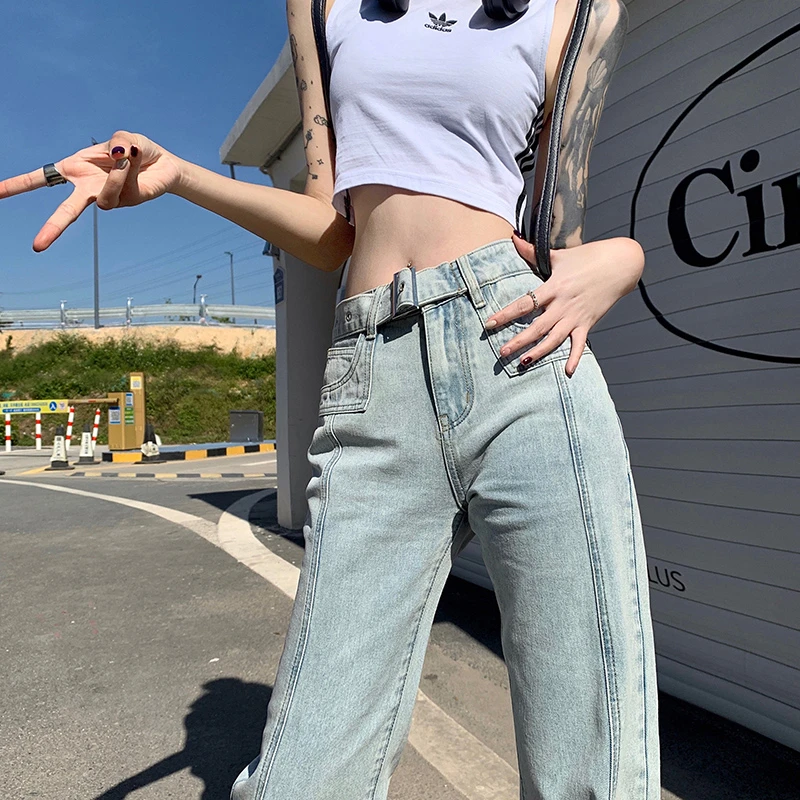 Women Fashion Baggy Flared Jeans Spring Vintage Stitching Belt Korean Cotton Denim Pants Female High Street Y2K Casual Trousers
