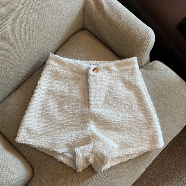 Tweed Shorts Women Korean High Waist Wide Leg Shorts Office Lady Elegant White Black Autumn Winter Casual All Match Short Pants