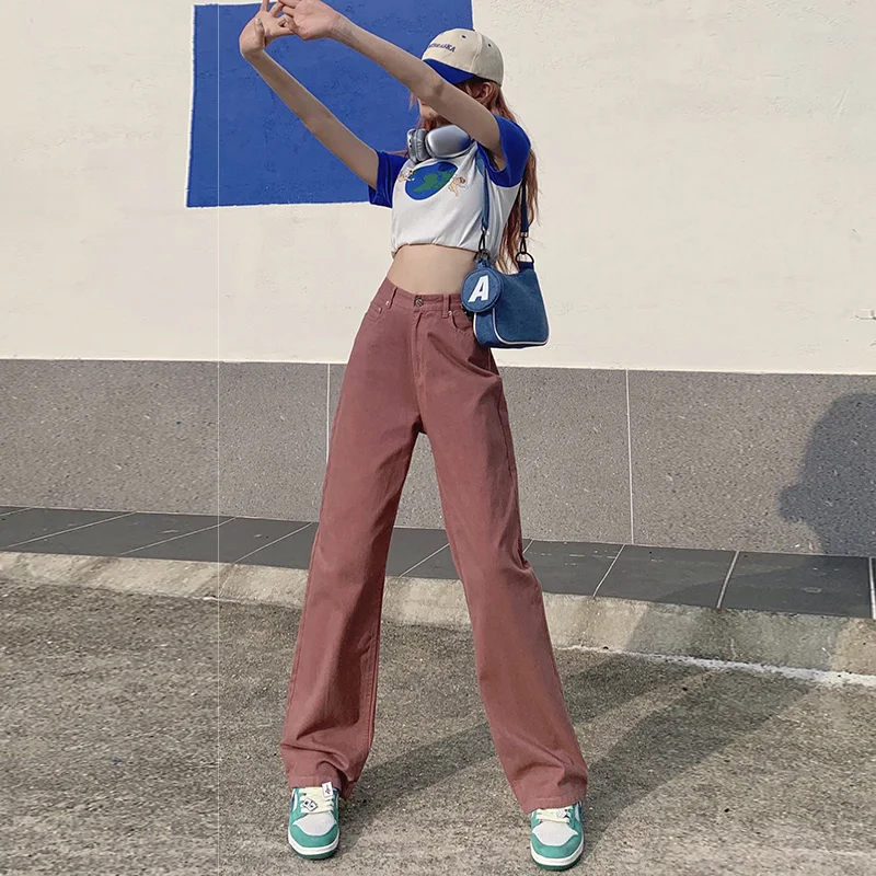 Spring Women's High Waisted Straight Jeans Baggy Fashion Streetwear Korean Wide Leg Denim Pants Female Cotton Trousers