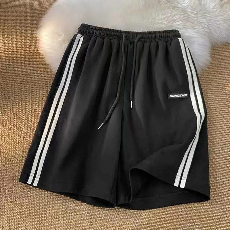 Striped Shorts Women Streetwear Wide Leg Sweat Shorts Summer Korean Loose Casual Elastic Waist Oversized Sports Shorts Bf Couple