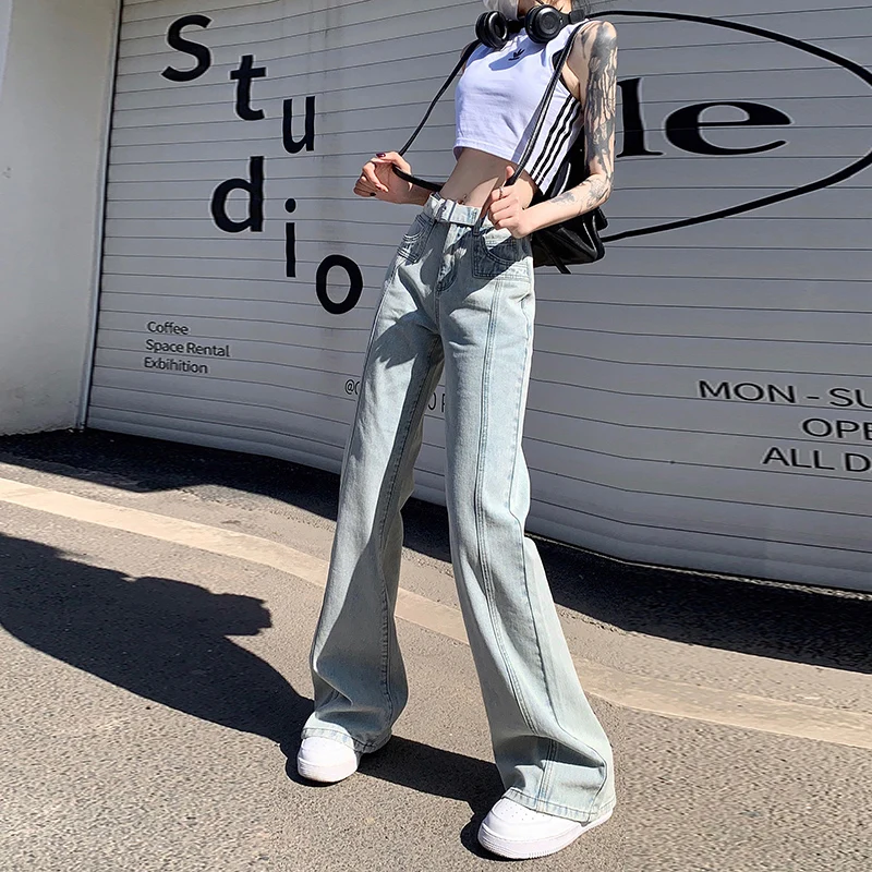 Women Fashion Baggy Flared Jeans Spring Vintage Stitching Belt Korean Cotton Denim Pants Female High Street Y2K Casual Trousers