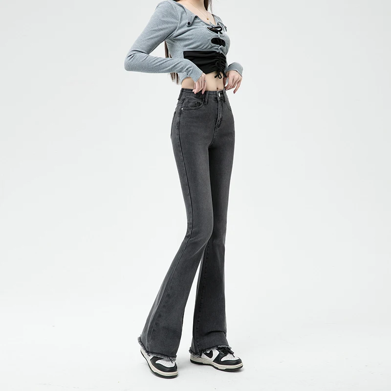 Autumn New Women's High Waist Flared Jeans Skinny Elastic Cotton Korean Fashion Casual Denim Pants Vintage Design Slim Clothing