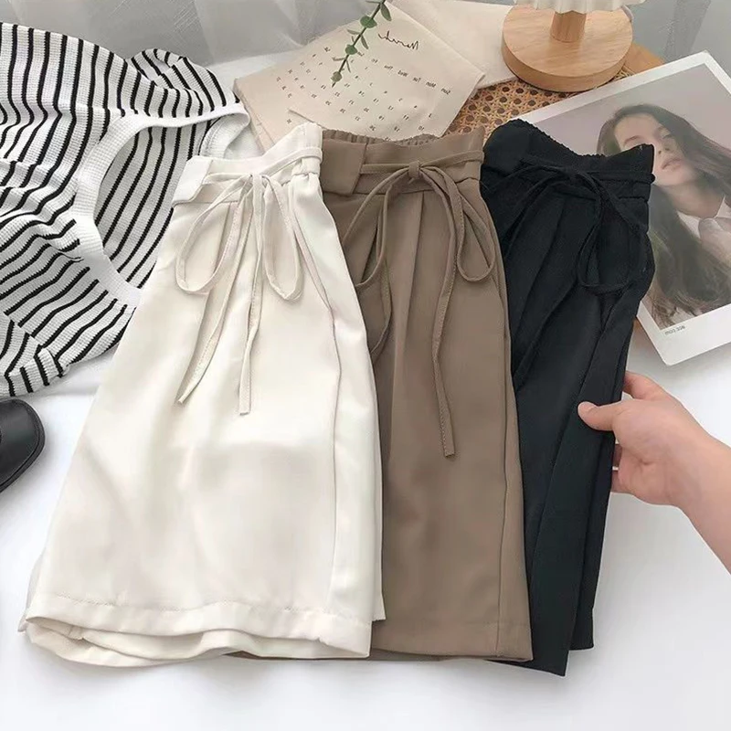 Suit Shorts Women Korean High Waist Bandage Wide Leg Shorts Summer Office Lady Elegant Lace Up Bow A Line Casual Short Pants New