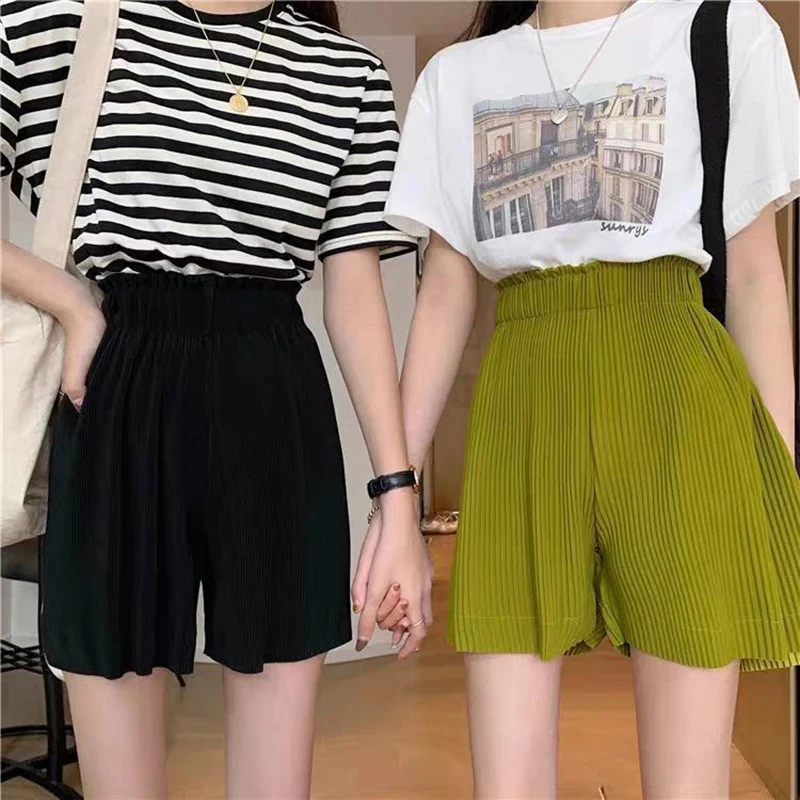 Pleated Shorts Women High Waist Wide Leg Casual Shorts Summer Korean Ladies Ice Silk Fashion Loose All Match Five-Point Pants