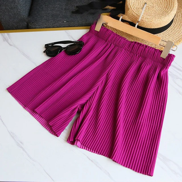 Pleated Shorts Women High Waist Wide Leg Casual Shorts Summer Korean Ladies Ice Silk Fashion Loose All Match Five-Point Pants