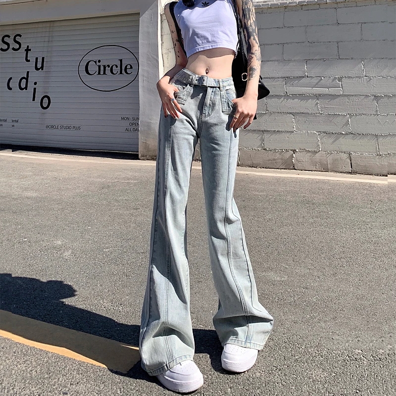 Women Fashion Baggy Flared Jeans Spring Vintage Stitching Belt Korean Cotton Denim Pants Female High Street Y2K Casual Trousers