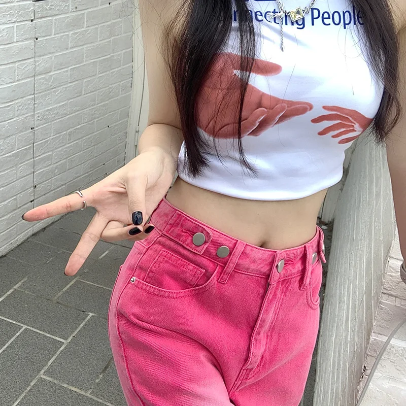 Oversized Woman's Wide Leg Jeans Spring Fashion Baggy Straight High Waist Denim Pants Korean Y2K Streetwear Pink Purple Green