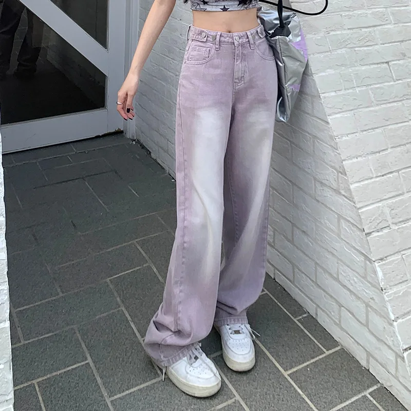 Oversized Woman's Wide Leg Jeans Spring Fashion Baggy Straight High Waist Denim Pants Korean Y2K Streetwear Pink Purple Green