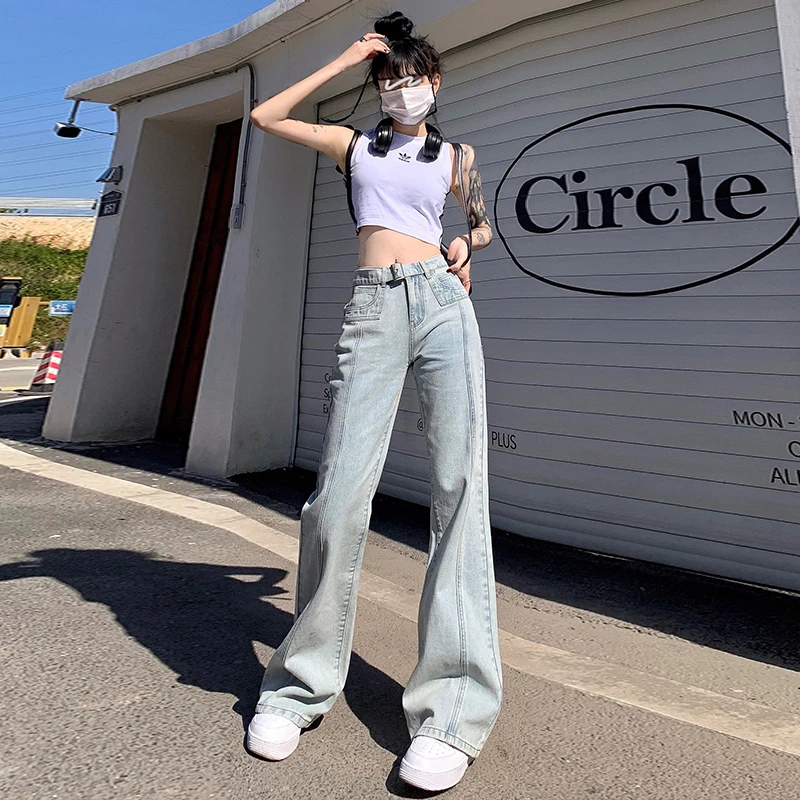 Women Fashion Baggy Flared Jeans Spring Vintage Stitching Belt Korean Cotton Denim Pants Female High Street Y2K Casual Trousers