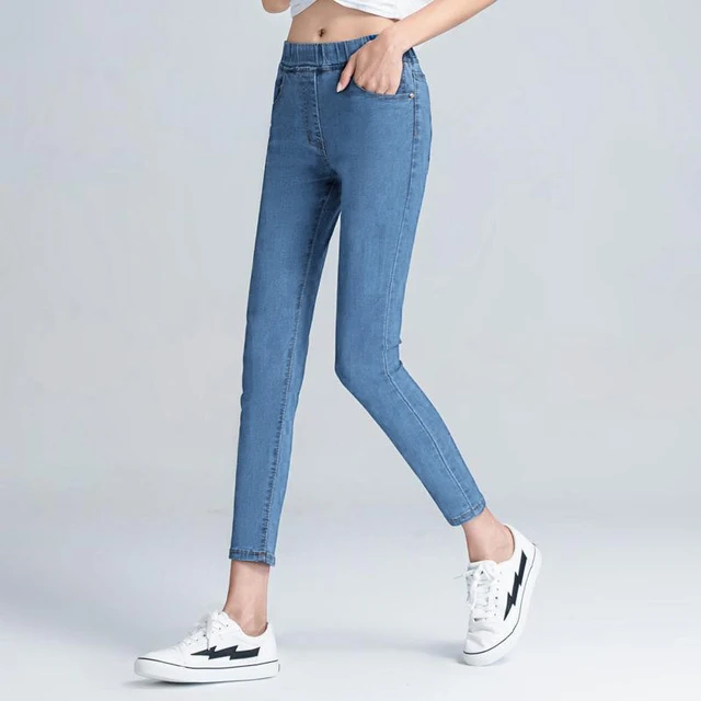 4XL 5XL 6XL Women's Skinny Jeans Fashion Elastic High Waist Korean Slim Pencil Pants Four Seasons Regular Denim Black Blue