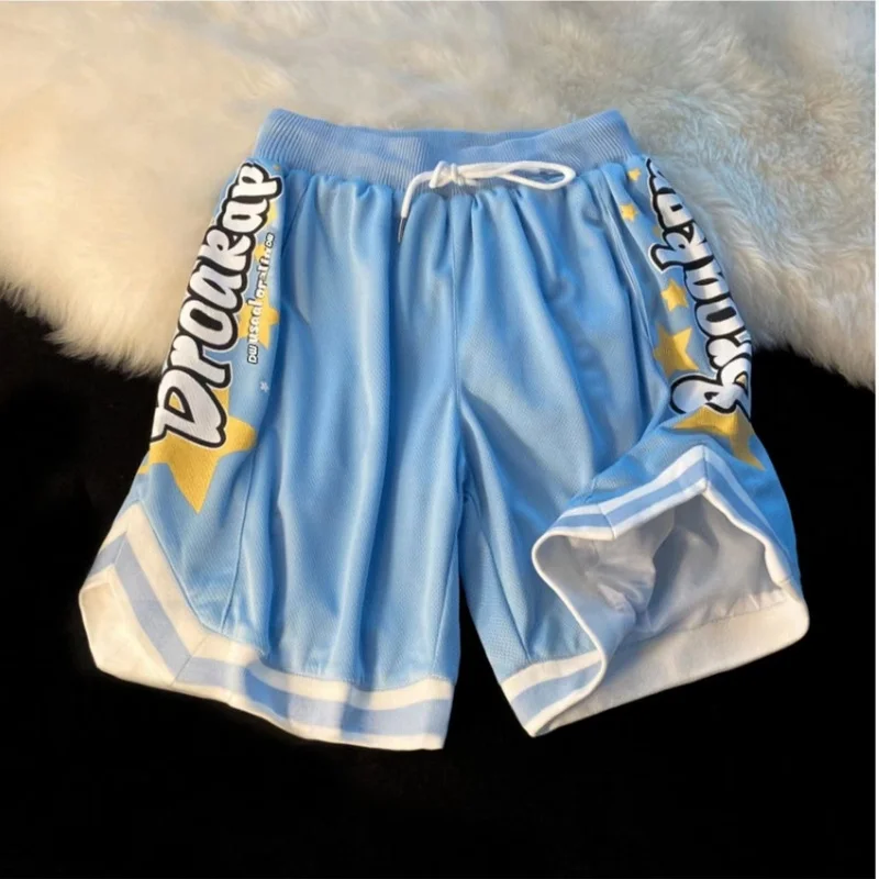 Streetwear Shorts Women Letter Print Basketball Sports Shorts Bf Summer Y2K Harajuku Breathable Mesh Elastic Waist Short Pants