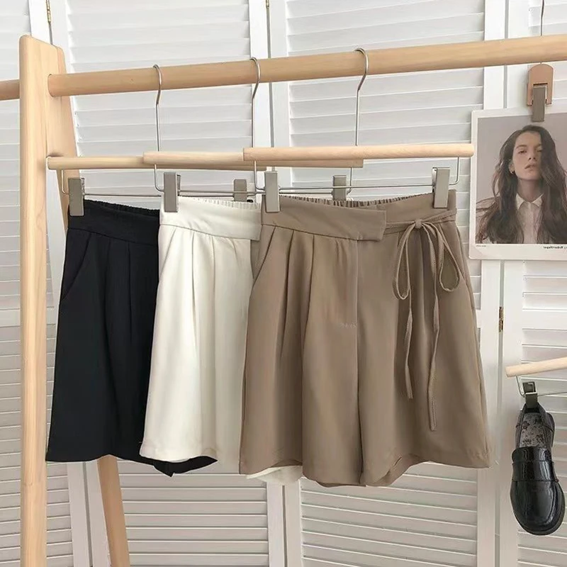 Suit Shorts Women Korean High Waist Bandage Wide Leg Shorts Summer Office Lady Elegant Lace Up Bow A Line Casual Short Pants New