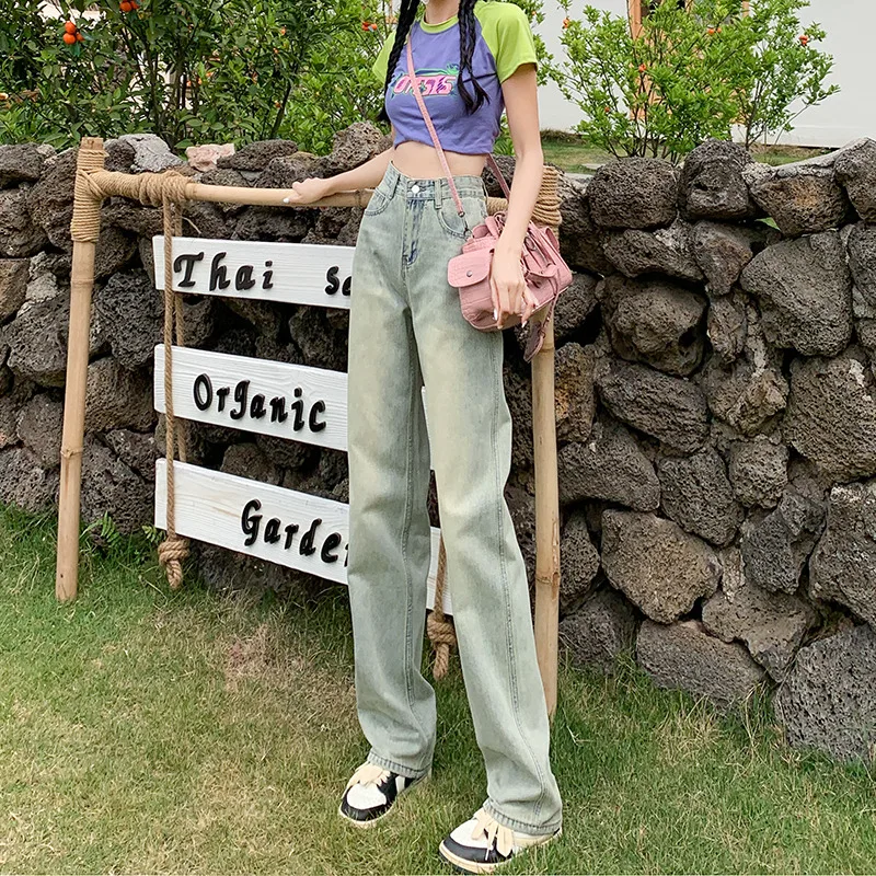 Women's Wide Leg Jeans Autumn Multi Button High Waist Loose Straight Denim Pants Black Blue Fashion Street Elasticity Trousers