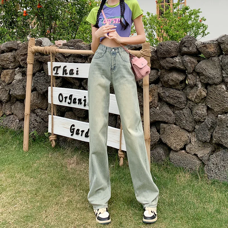 Women's Wide Leg Jeans Autumn Multi Button High Waist Loose Straight Denim Pants Black Blue Fashion Street Elasticity Trousers