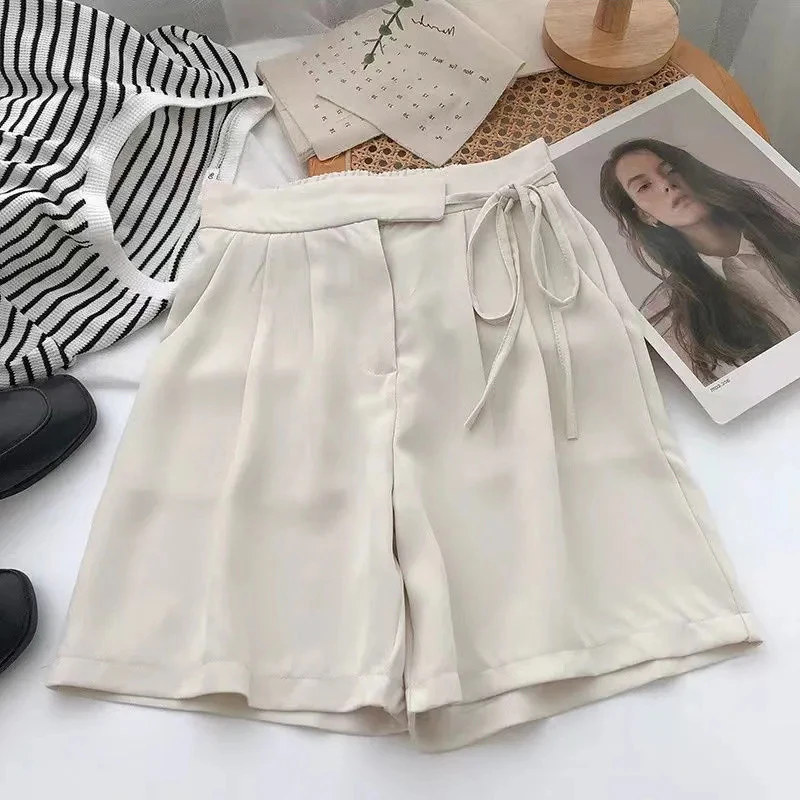 Suit Shorts Women Korean High Waist Bandage Wide Leg Shorts Summer Office Lady Elegant Lace Up Bow A Line Casual Short Pants New