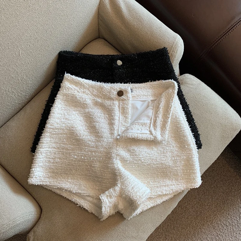 Tweed Shorts Women Korean High Waist Wide Leg Shorts Office Lady Elegant White Black Autumn Winter Casual All Match Short Pants