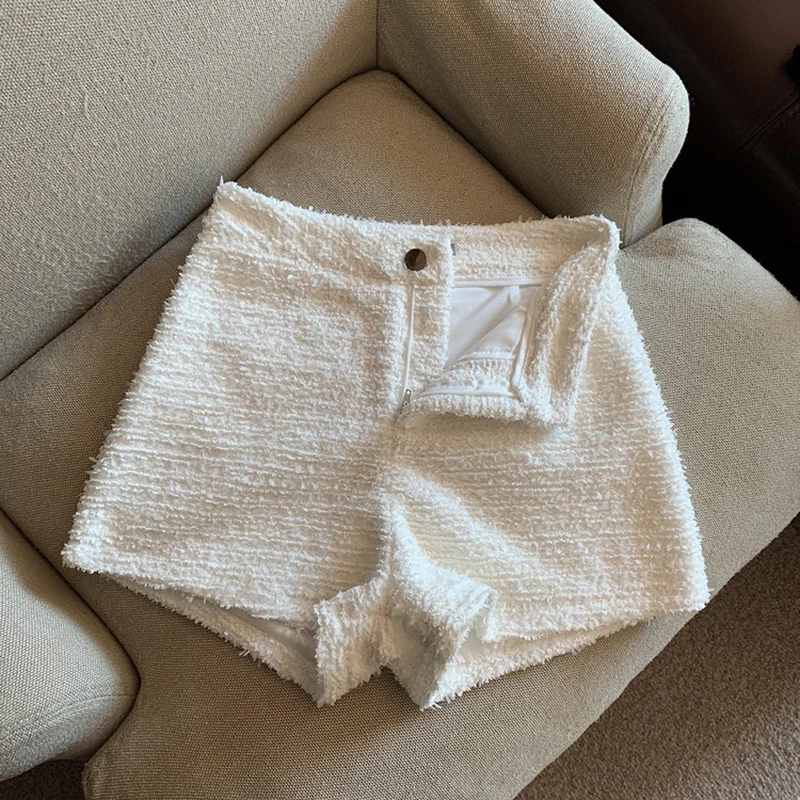 Tweed Shorts Women Korean High Waist Wide Leg Shorts Office Lady Elegant White Black Autumn Winter Casual All Match Short Pants