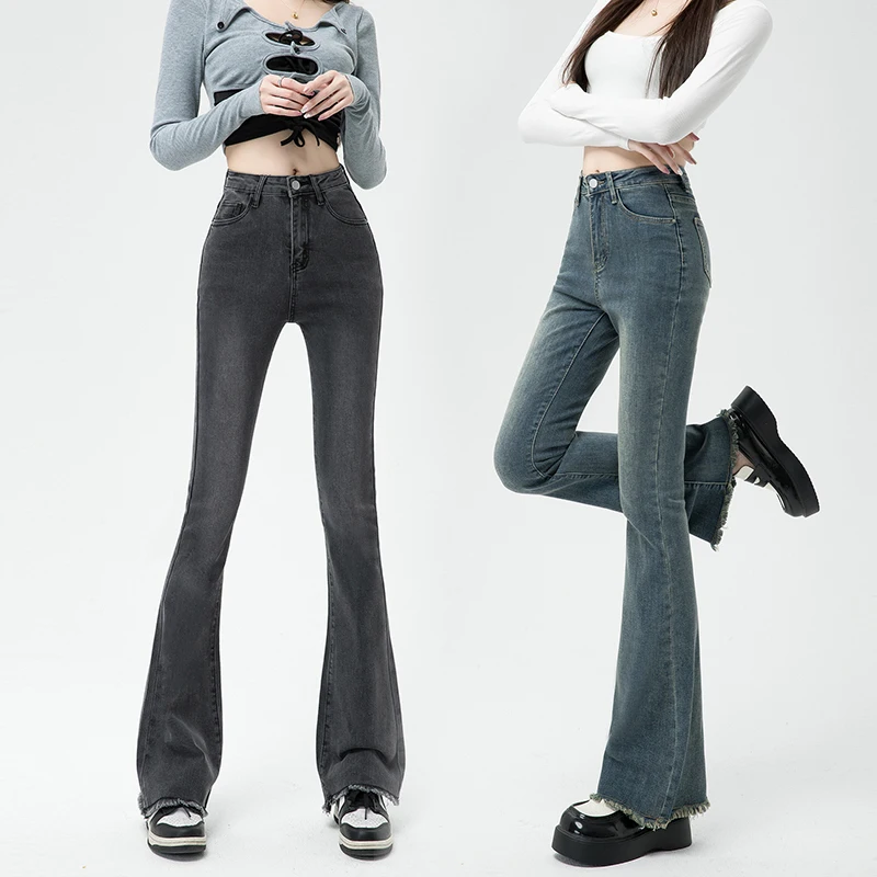 Autumn New Women's High Waist Flared Jeans Skinny Elastic Cotton Korean Fashion Casual Denim Pants Vintage Design Slim Clothing
