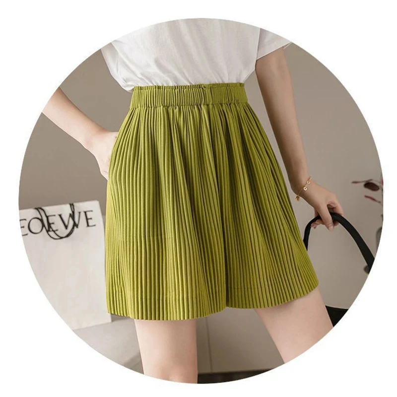 Pleated Shorts Women High Waist Wide Leg Casual Shorts Summer Korean Ladies Ice Silk Fashion Loose All Match Five-Point Pants