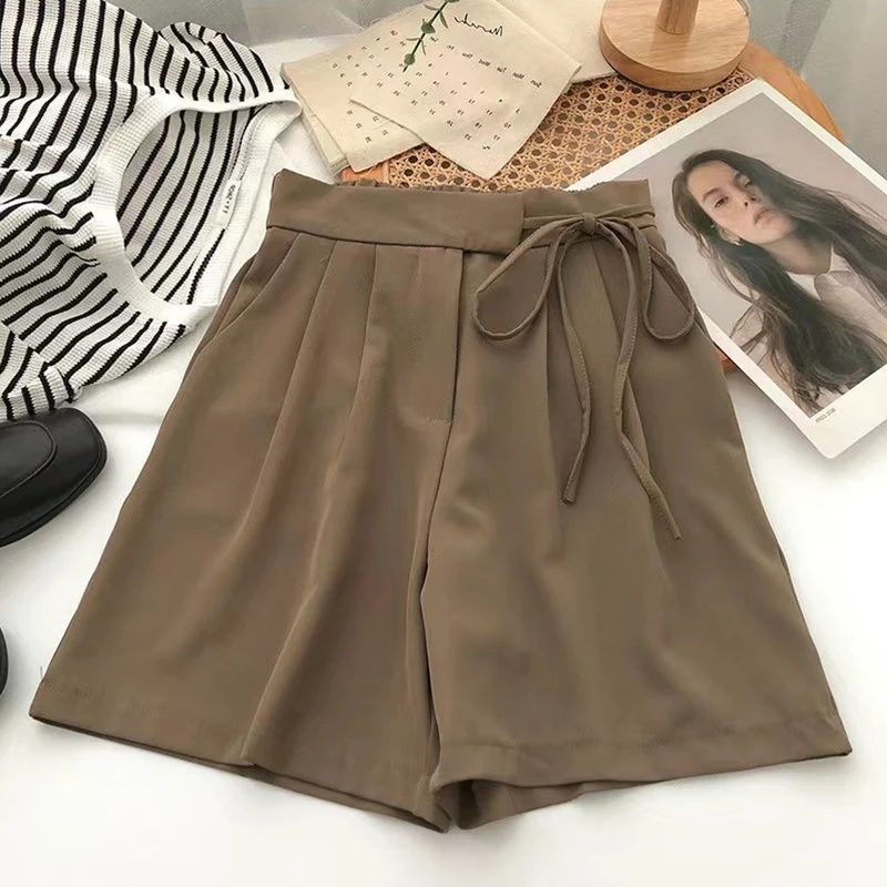 Suit Shorts Women Korean High Waist Bandage Wide Leg Shorts Summer Office Lady Elegant Lace Up Bow A Line Casual Short Pants New