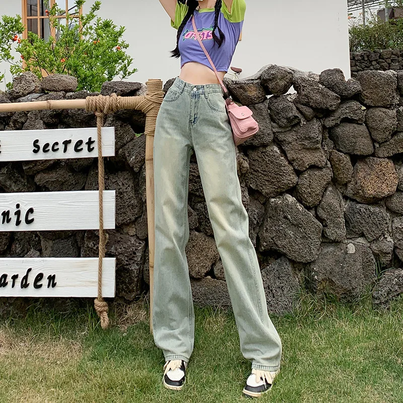 Women's Wide Leg Jeans Autumn Multi Button High Waist Loose Straight Denim Pants Black Blue Fashion Street Elasticity Trousers