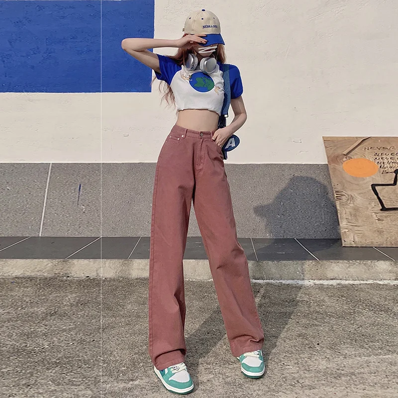 Spring Women's High Waisted Straight Jeans Baggy Fashion Streetwear Korean Wide Leg Denim Pants Female Cotton Trousers