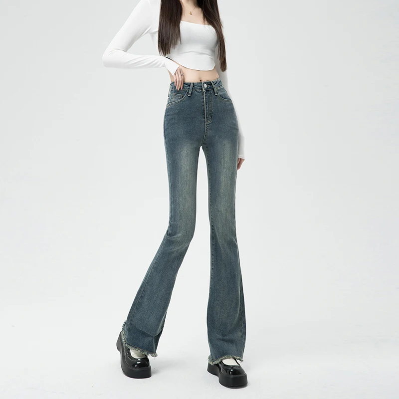 Autumn New Women's High Waist Flared Jeans Skinny Elastic Cotton Korean Fashion Casual Denim Pants Vintage Design Slim Clothing