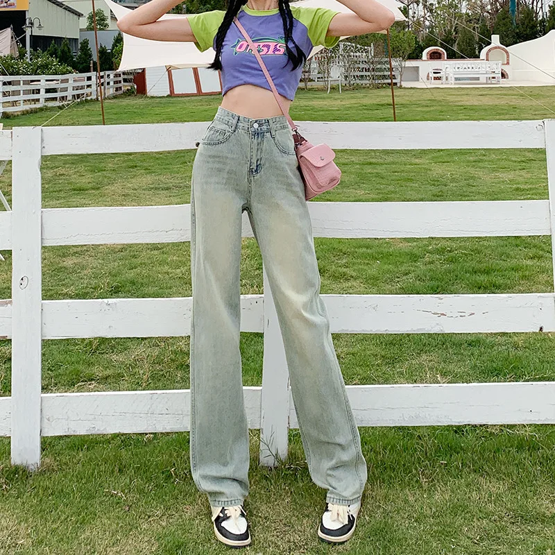 Women's Wide Leg Jeans Autumn Multi Button High Waist Loose Straight Denim Pants Black Blue Fashion Street Elasticity Trousers