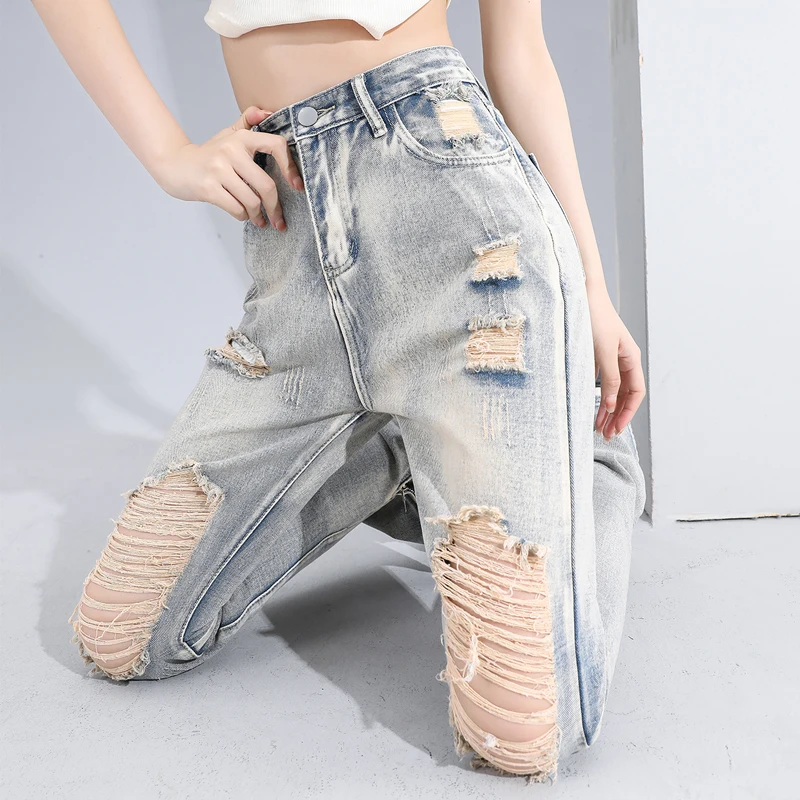 Cotton Women's Ripped Straight Jeans Sexy Holes Zipper Vintage High Waist Denim Trousers Spring Fashion Female Pants Streetwear