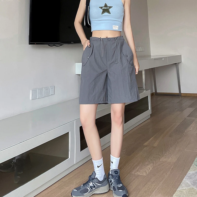 Y2K Cargo Shorts Women Wide Leg Sweat Shorts Streetwear High Waist Baggy Joggers Korean Hip Hop Loose Casual Sports Short Pants