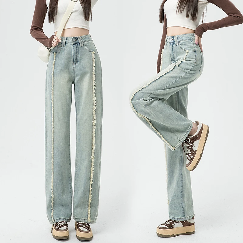 Autumn Women's Wide-leg Jeans Retro Style High Waist Loose Straight Denim Cotton Pants Korean Fashion Female Streetwear