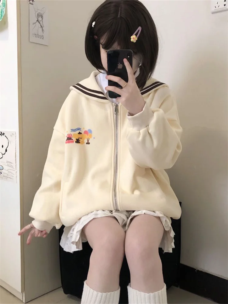 QWEEK Harajuku Kawaii Zip Up Hoodie Women Sailor Collar Japanese Style Cute Sweatshirts Oversize Lolita Girly Anime Print Jacket