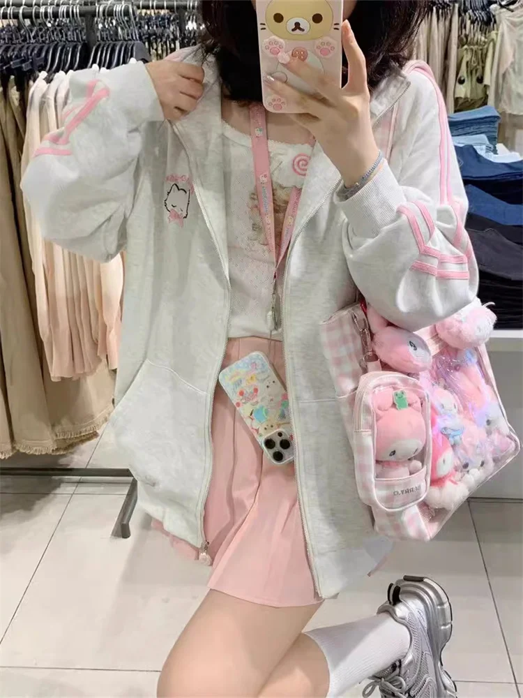 Harajuku Kawaii Gray Zip Up Hoodie Women Japanese Cute Striped Sweatshirt Korean Style Preppy Style Sweet Girly Jacket
